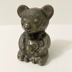 Vintage Silver Plated Metal  Teddy Bear Still Coin Bank Figurine